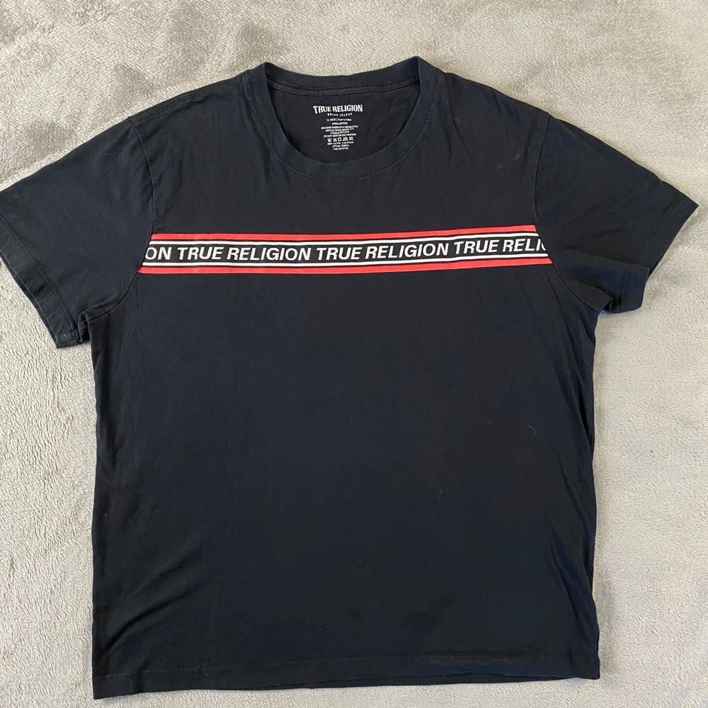 True Religion T-Shirt Mens XL Black Constrast Taping Tee Graphic Logo Tee Crew
